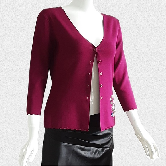 CUE Magenta Cardigan. Hand Embroidered and Beaded Multicolour Flowers - Picture 2 of 9